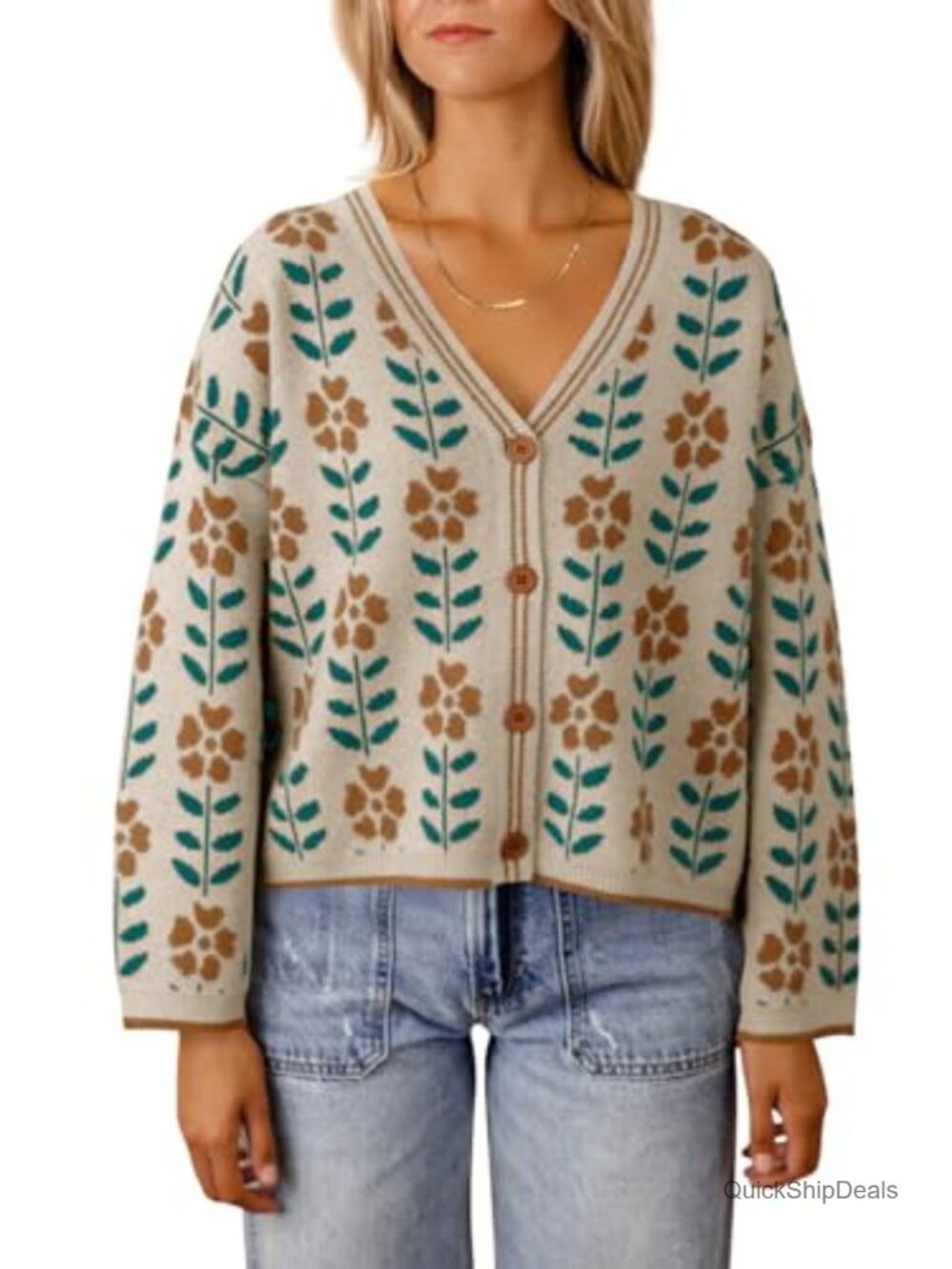 Womens Floral Print V Neck Button Down Knit Cardigan Long Sleeve Loose Sweater